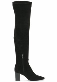 Botas de ante negras hasta la rodilla con punta afilada, tacón cuadrado y detalle de cremallera lateral. Textura suave, diseño minimalista para un uso versátil.