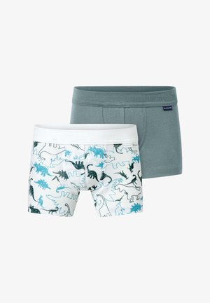 Baumwoll-Boxershorts-Set, eine in grau einfarbig und eine in weiß mit blauen und schwarzen Dinosaurier-Drucken. Mit elastischen Taillenbändern und glatter Textur.