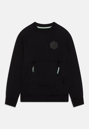 Sort langærmet crewneck-sweatshirt med sekskantet logo på brystet og lynlåslommer foran med lysegrønne lynåbnere.