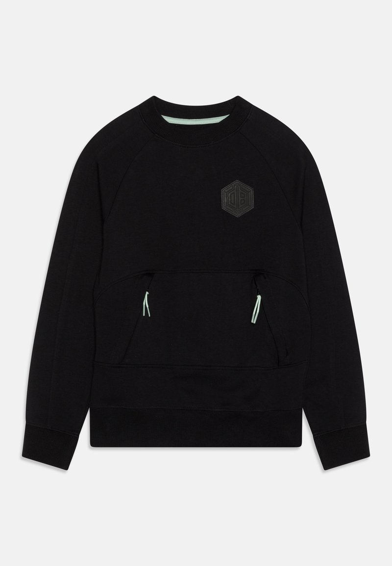 Sweat-shirt noir à manches longues avec col rond, logo hexagonal sur la poitrine et poches avant zippées avec tirettes vert clair.