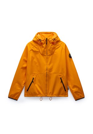 Giacca gialla leggera con cappuccio, chiusura con zip e due tasche laterali. Presenta coulisse regolabili e dettagli neri.