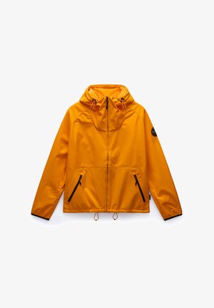 Yellow lightweight jacket with a hood, zippered front, and two side pockets. Features adjustable drawstrings and black accents.