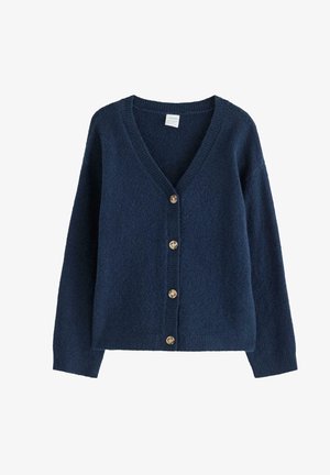 Cardigan bleu marine en tissu texturé, avec un col en V, des manches longues et six boutons dorés sur le devant.