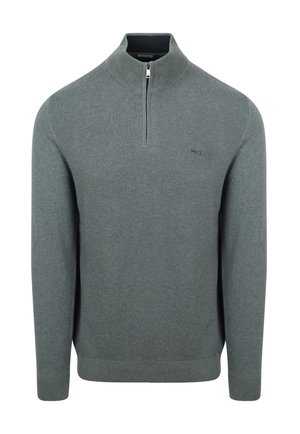 Grauer Strickpullover mit halbem Reißverschlusskragen, strukturiertem Muster, gerippten Bündchen und Saum. Kleines Logodetail auf der Brust.