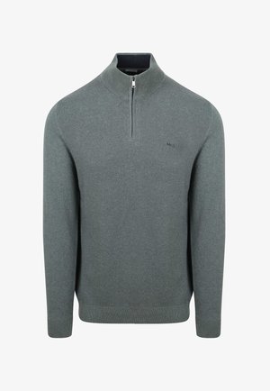 Grauer Strickpullover mit halbem Reißverschlusskragen, strukturiertem Muster, gerippten Bündchen und Saum. Kleines Logodetail auf der Brust.