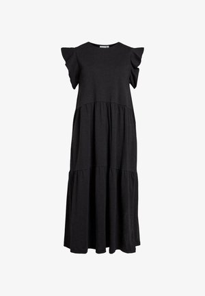 Vestido maxi negro hecho de tejido suave, con mangas cortas de volantes, un escote redondeado y un diseño de falda de volantes que presenta una silueta fluida.