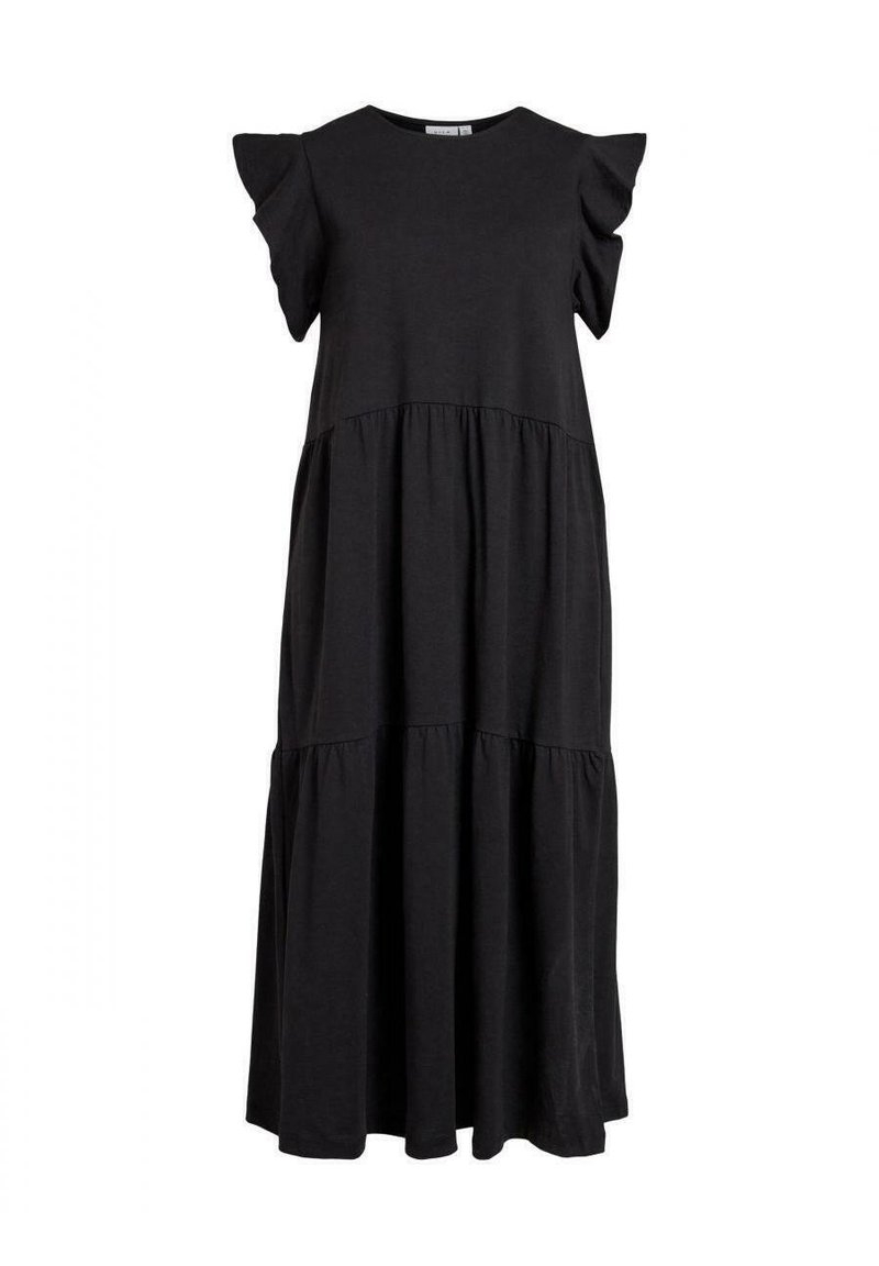Robe maxi noire en tissu doux, avec de courtes manches volantes, un col rond et une jupe à volants avec une silhouette fluide.