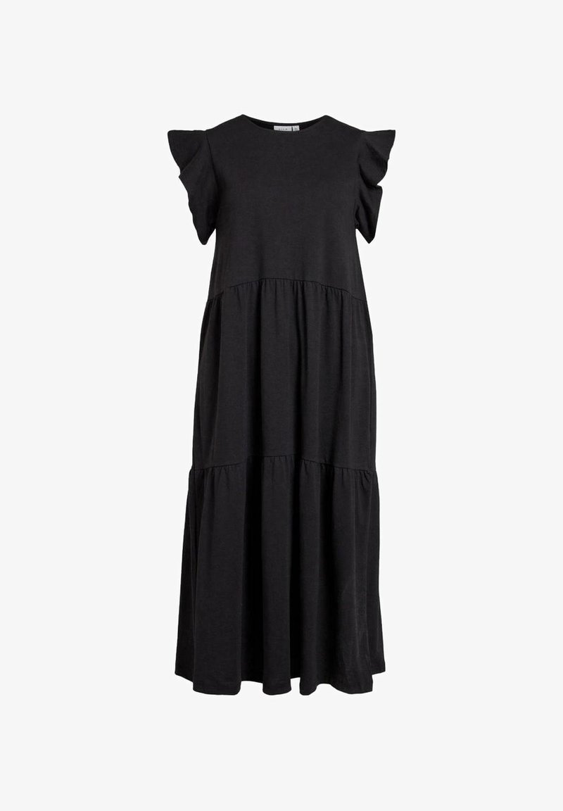 Robe maxi noire en tissu doux, avec de courtes manches volantes, un col rond et une jupe à volants avec une silhouette fluide.