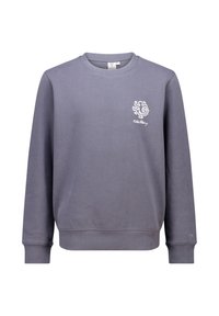 Grijze sweatshirt met lange mouwen, geribbelde manchetten en een ronde hals. Heeft een kleine witte grafische afbeelding op de linkerkant van de borst. Zachte stoftextuur.