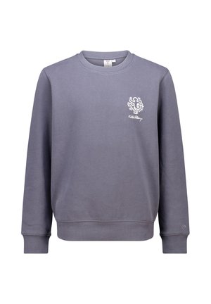 Sweatshirt gris à manches longues, avec des poignets côtelés et un col rond. Présente un petit graphique blanc sur la zone du côté gauche de la poitrine. Texture de tissu douce.