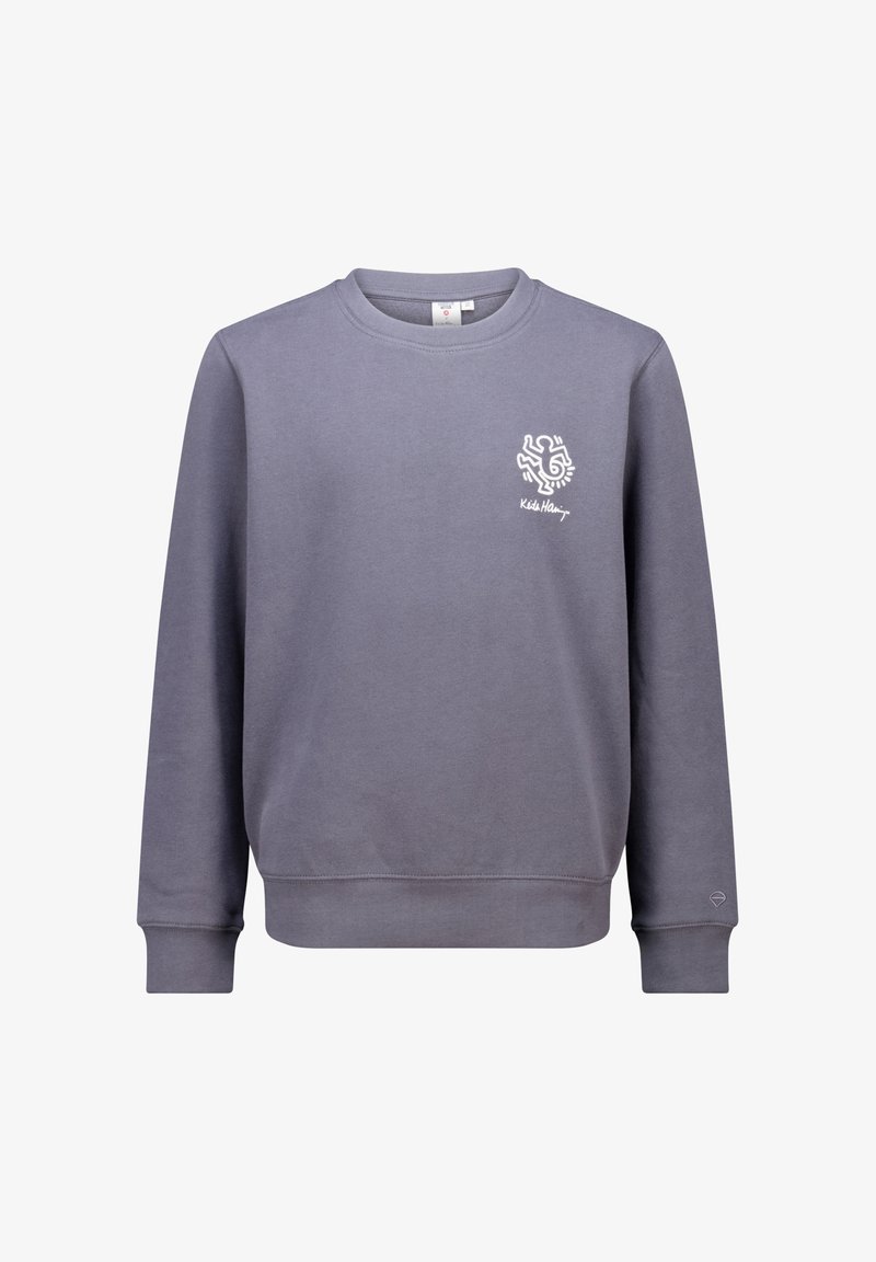 Grijze sweatshirt met lange mouwen, geribbelde manchetten en een ronde hals. Heeft een kleine witte grafische afbeelding op de linkerkant van de borst. Zachte stoftextuur.