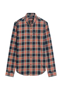 Camisa de cuadros de manga larga con base azul marino y patrones de cuadros en rojo, amarillo y blanco. Cuello de botón y detalle de bolsillo en el pecho.