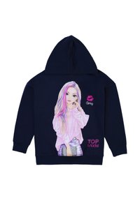 Felpa navy con una grande grafica colorata di una ragazza con i capelli lunghi, che indossa un top rosa e tiene una borsa argentata. Il testo include "TOP Model".