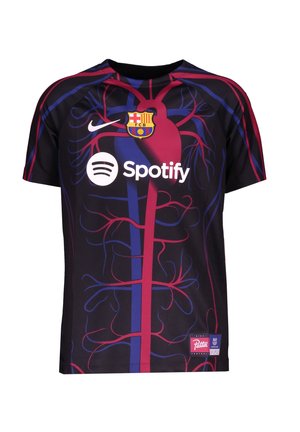 Czarna koszulka piłkarska FC Barcelony z czerwono-niebieskim wzorem naczyniowym, logo Nike, sponsorem Spotify i herbem klubu na piersi.