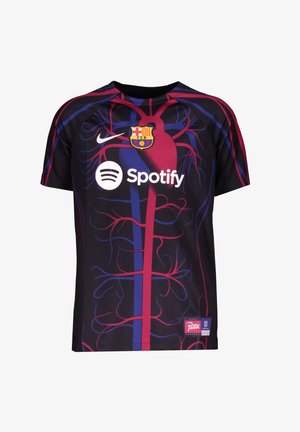 FC Barcelona sort fodboldtrøje med rød og blå vaskulært mønster, Nike logo, Spotify sponsor og klubmærke på brystet.