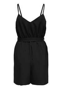Combinaison sans manches noire avec un décolleté plongeant, taille ajustée et short ample. Fabriquée en tissu lisse avec un design simple.