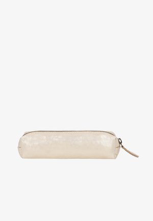 Metallic cream leather pencil case with a zipper closure, cylindrical shape, smooth texture, and a small leather pull tab.