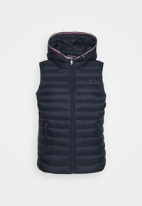 Granatowa kamizelka puchowa bez rękawów z kapturem, poziomo pikowany design, zamek błyskawiczny z przodu oraz boczne kieszenie z kontrastowym wnętrzem.