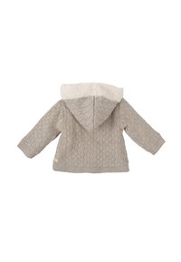 Chaqueta de punto gris claro con una textura estampada, gran capucha forrada de suave piel sintética y puños y dobladillo acanalados.