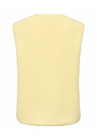 Mehak puhasto rumeno rumeno telovnik z zaobljenim izrezom in rahlo ukrivljenimi robovi, s površino, ki je gladka in teksturirana.