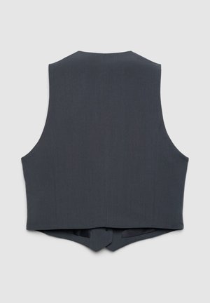 Dunkelgraue, ärmellose Weste aus strukturiertem Stoff mit glatter Oberfläche, rundem Ausschnitt und tailliertem Saum.