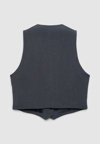 Gilet grigio scuro senza maniche realizzato in tessuto strutturato, con finitura liscia, scollo rotondo e design inferiore con forma affusolata.