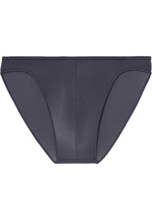 Bas de bikini gris foncé avec un tissu lisse, une taille élastique et des coutures minimales, présentant une coupe classique pour une couverture et un confort maximum.