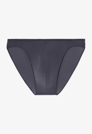 Bas de bikini gris foncé avec un tissu lisse, une taille élastique et des coutures minimales, présentant une coupe classique pour une couverture et un confort maximum.
