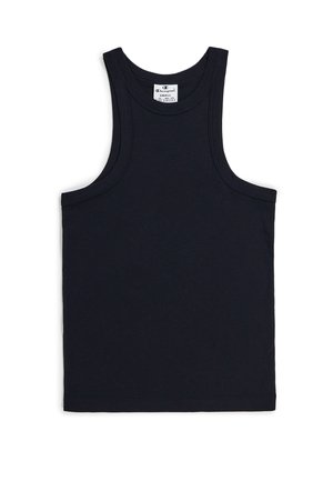 Top de tirantes negro de algodón con sisas amplias, cuello redondo y un diseño sin adornos. Presenta una etiqueta en el cuello. Corte clásico.