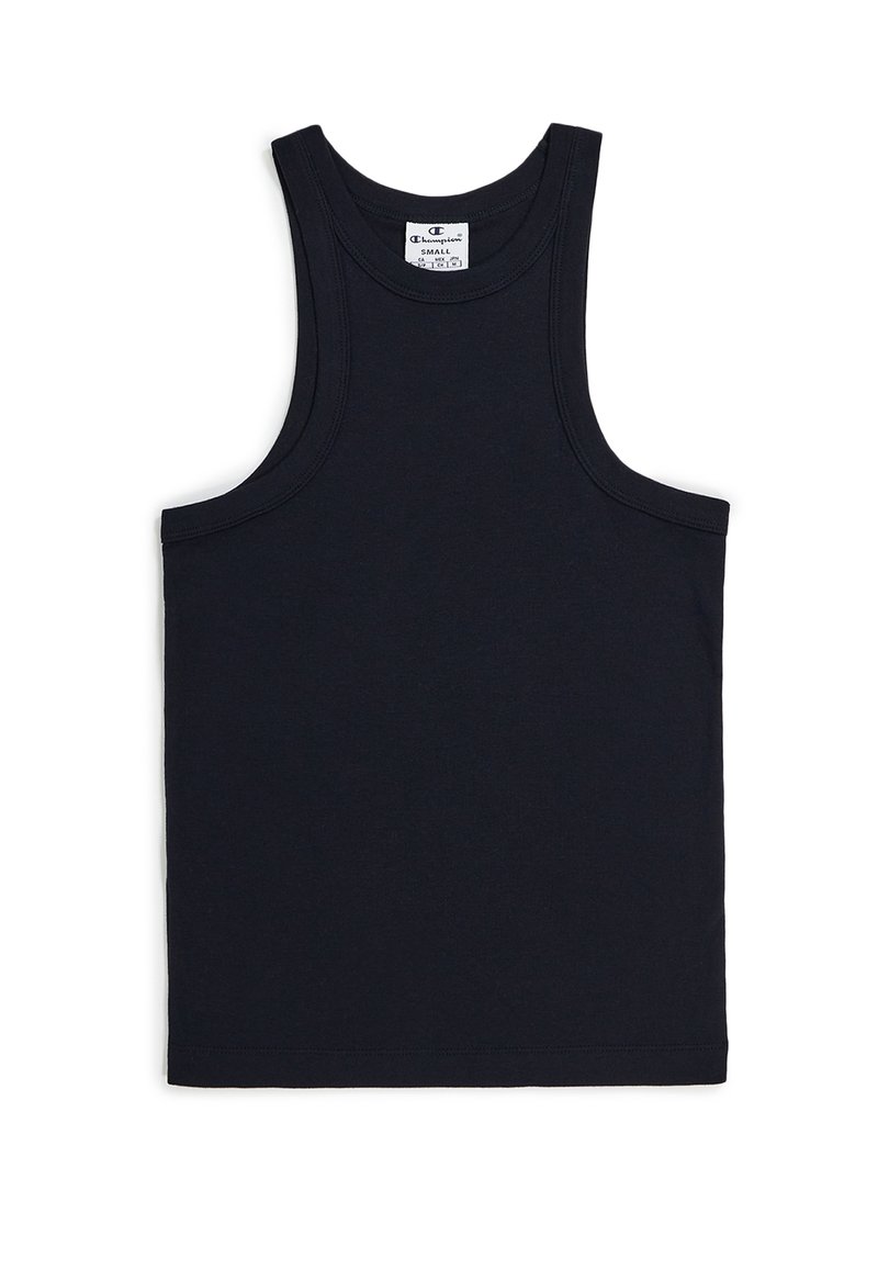Top de tirantes negro de algodón con sisas amplias, cuello redondo y un diseño sin adornos. Presenta una etiqueta en el cuello. Corte clásico.