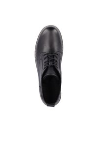 Chaussure noire en cuir à lacets avec bout arrondi et semelle grise cousue, vue de dessus sur fond blanc.