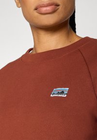 Rūdžių spalvos džemperis iš minkštos medžiagos, su apvalia iškirpte ir mažu, spalvotu Patagonia logotipu viršutiniame kairiajame šone.