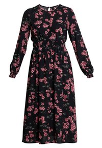 Long-sleeve black dress featuring a floral pattern in shades of pink and green, with an elastic waistband and a round neck. Smooth texture.