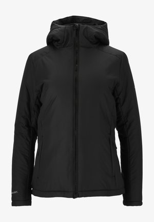 Schwarze isolierte Jacke mit Kapuze, ausgestattet mit einem Frontreißverschluss, seitlichen Reißverschlusstaschen und einer glatten, matten Textur. Akzentuiert mit Logo-Details.