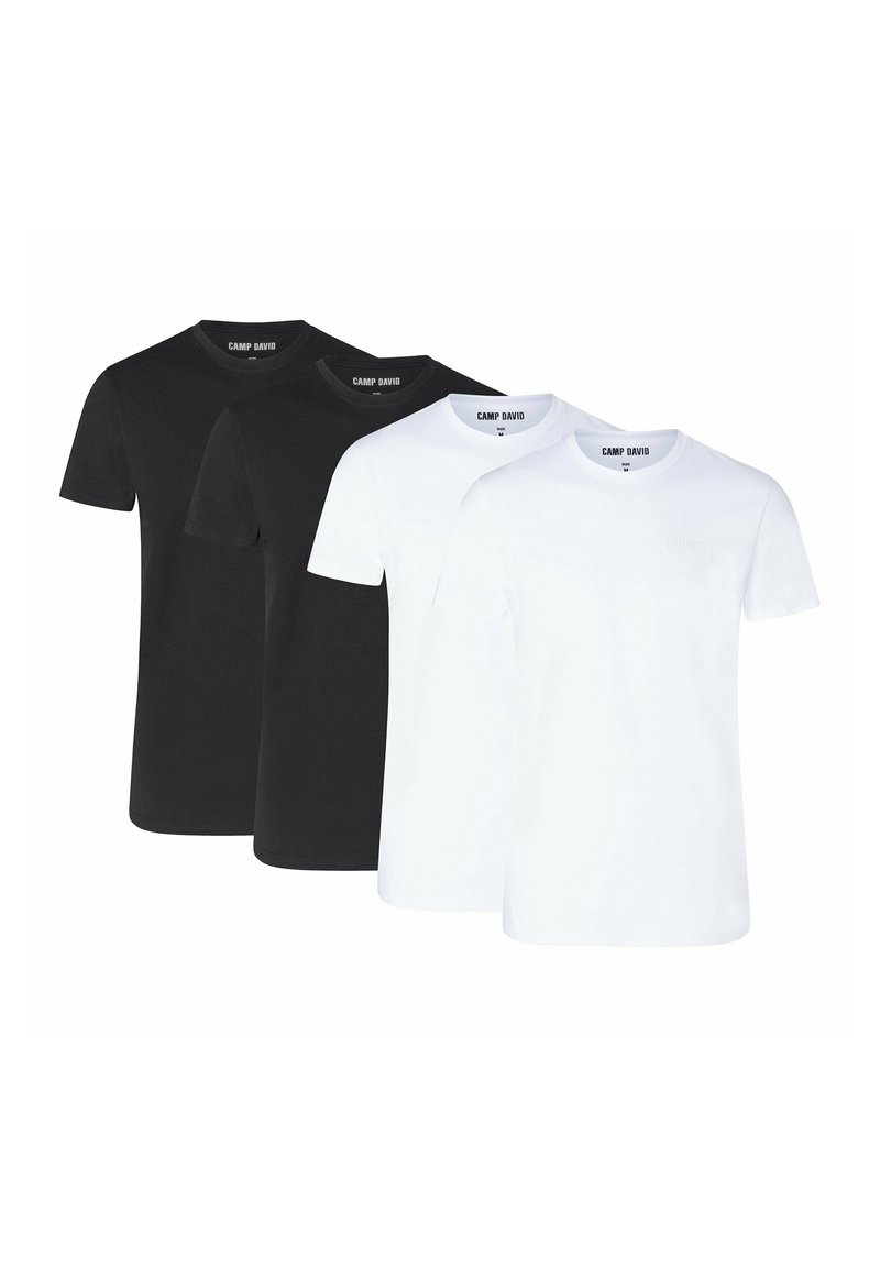 Vier T-shirts: twee zwarte en twee witte, met korte mouwen en ronde hals, gemaakt van katoen, met een subtiel logo op de voorkant.