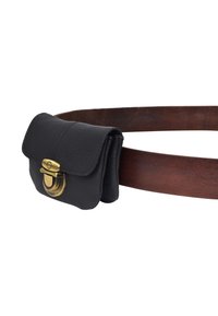 Black leather belt with a rectangular pouch, featuring a brass clasp and a textured finish. The belt has a dark brown leather strap.