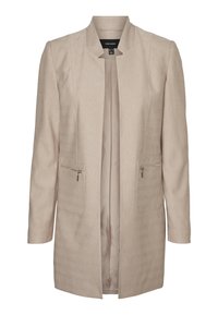 Abrigo beige texturizado con un patrón de espiga, dos bolsillos frontales con cremallera y un escote redondo. Presenta mangas largas y un diseño de frente abierto.