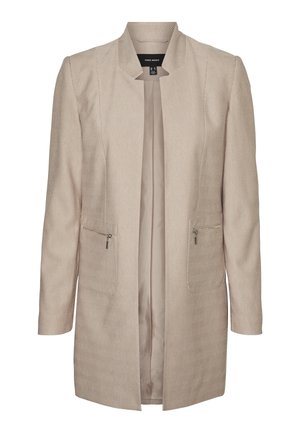 Abrigo beige texturizado con un patrón de espiga, dos bolsillos frontales con cremallera y un escote redondo. Presenta mangas largas y un diseño de frente abierto.