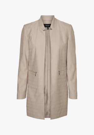 Beige, textuurgevend jasje met een visgraatpatroon, twee met rits afgesloten voorzakken en een ronde halslijn. Het heeft lange mouwen en een open voorkant.