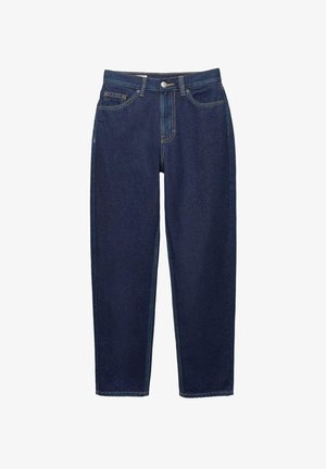 Dark blue denim jeans with a straight-leg design, five pockets, belt loops, and contrast stitching. The fabric has a smooth, sturdy texture.