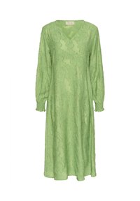 Grünes durchscheinendes Kleid mit langen, gepufften Ärmeln, V-Ausschnitt und strukturiertem Blumenmuster. Mit elastischen Bündchen und bodenlanger Ausführung.