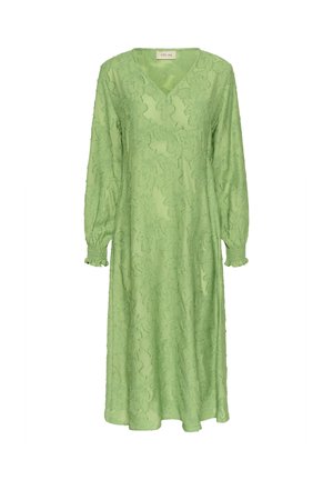 Zelena prosojna obleka z dolgimi napihnjenimi rokavi, V-izrezom in strukturiranim cvetličnim vzorcem. Elastični manšeti in dolžina do tal.