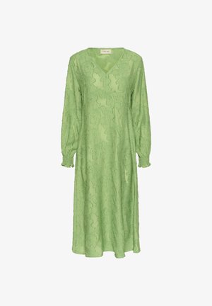 Green sheer dress with long, puffed sleeves, V-neckline, and textured floral pattern. Elastic cuffs and floor-length design.