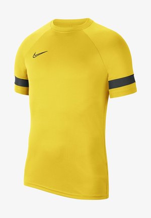 Camiseta deportiva amarilla de manga corta con el logo negro de Nike en el pecho y bandas negras alrededor de ambas mangas.