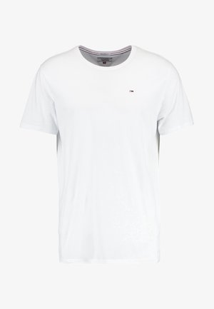 White short-sleeve t-shirt made of cotton, round neckline, featuring a small logo on the chest, smooth texture, and standard fit.
