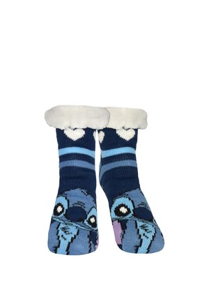 Blue knitted slipper socks with white heart patterns, light blue stripes, and cartoon animal faces on the toes, lined with white fluffy cuffs.