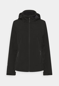 Veste softshell noire avec fermeture éclair intégrale à l'avant, deux poches latérales zippées, capuche réglable et sangles aux poignets sur un fond uni.