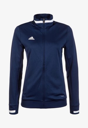 Marineblauw Adidas dames sportjack met rits, witte logo op de borst, witte strepen op de kraag en manchetten, en Climacool-bedrukking vlak bij de zoom.