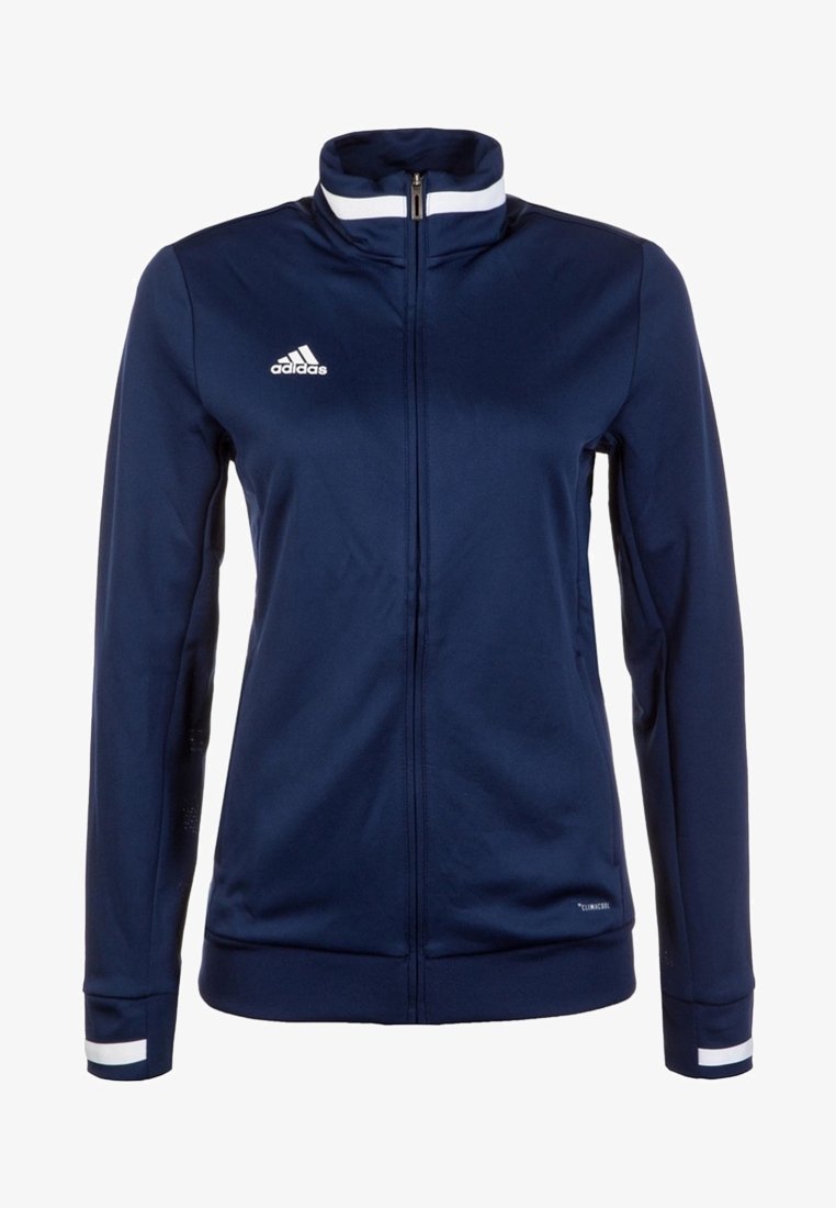 Laivastonsininen Adidas naisten vetoketjullinen urheilutakki, jossa on valkoinen logo rinnassa, valkoinen raidoitus kauluksessa ja hihansuissa sekä Climacool-merkintä helman lähellä.