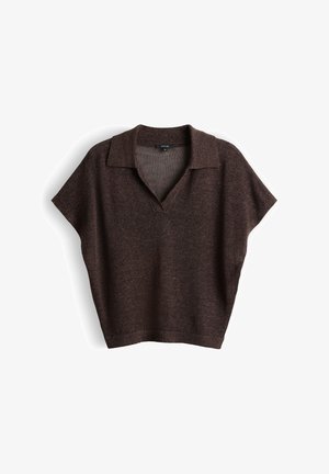 Donkerbruine gebreide trui met korte mouwen, brede kraag en V-hals, plat liggend op een witte achtergrond.